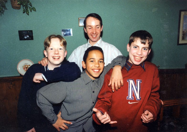 John of Force Motorsport with Andrew Delahunty (Yamaha Champion), Lewis (Cadet Champion), and Chris Rogers (previous cadet champion) at a kart champions’ dinner in 1995.